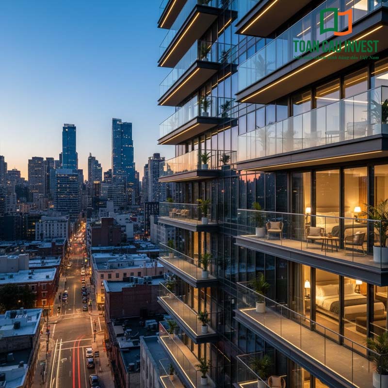 Vách kính ban công chung cư cao tầng, thiết kế sang trọng, tăng tính thẩm mỹ cho mặt tiền tòa nhà.