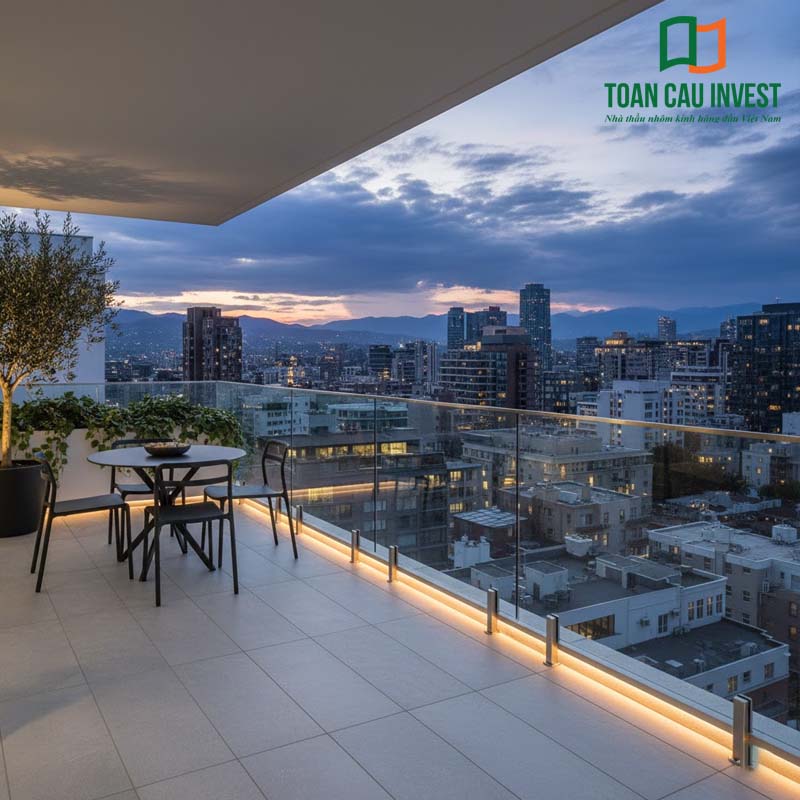 Vách kính ban công cho căn hộ city view, kết hợp ánh sáng LED tạo không gian hiện đại và đẳng cấp.