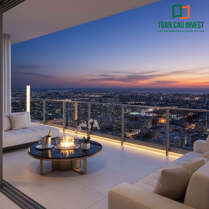 Vách kính ban công căn hộ cao cấp, thiết kế hiện đại giúp mở rộng tầm nhìn toàn cảnh thành phố về đêm.