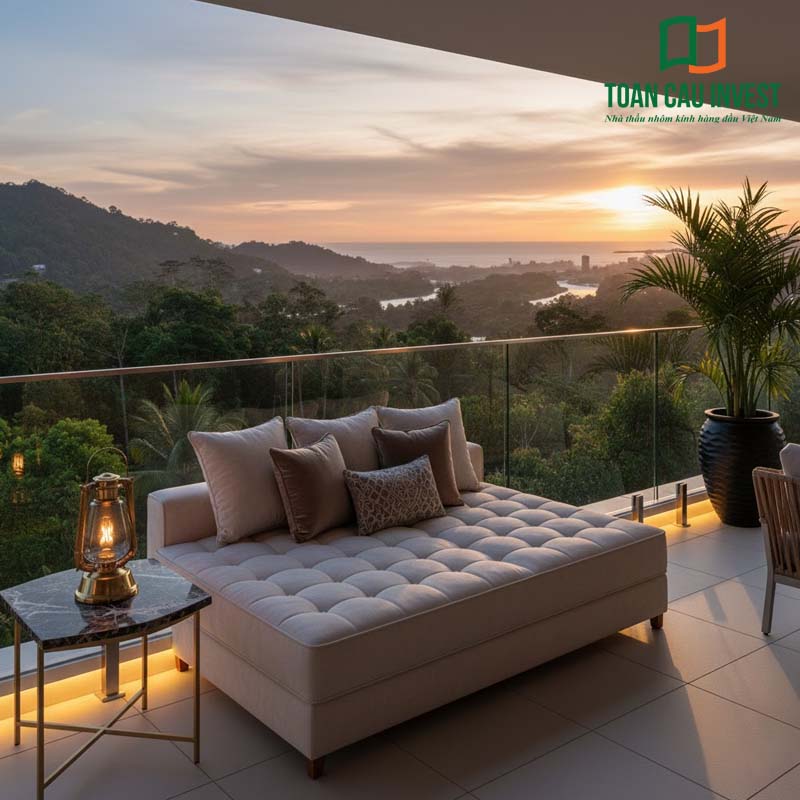 Vách kính ban công biệt thự nghỉ dưỡng, bảo vệ an toàn và tạo không gian hòa mình vào cảnh núi rừng và hoàng hôn.