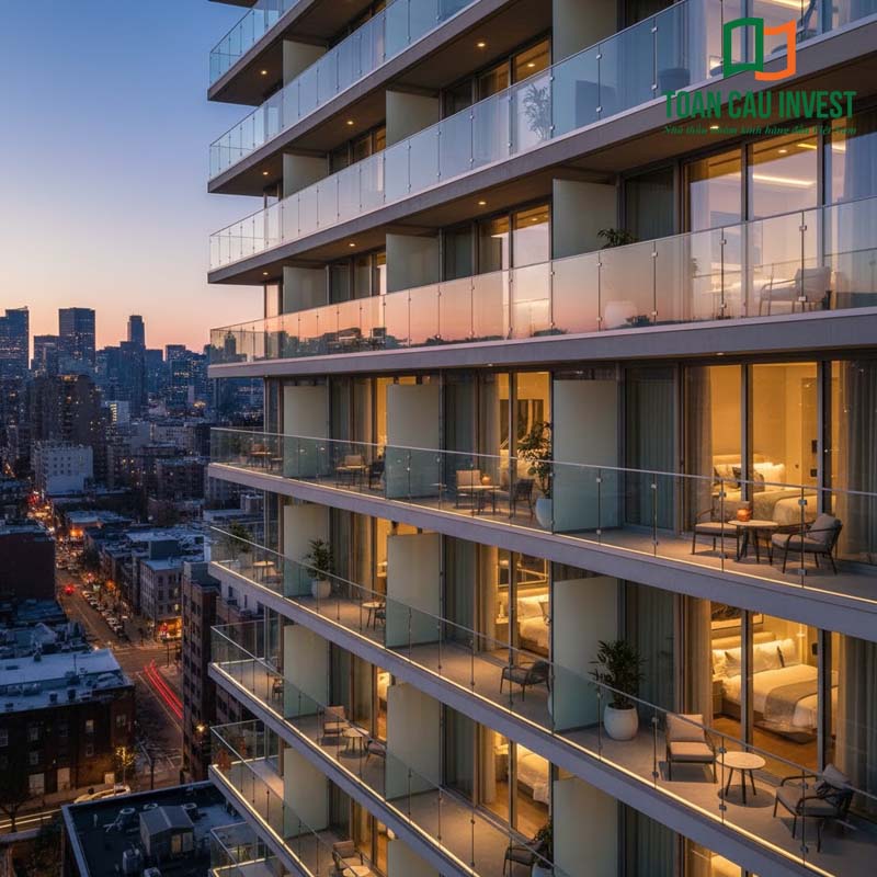 Vách kính ban công tòa chung cư cao tầng, thẩm mỹ sang trọng, tạo điểm nhấn mặt đứng công trình hiện đại.