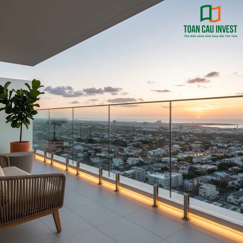 Vách kính ban công căn hộ cao cấp, chân trụ inox chắc chắn, mang lại tầm nhìn rộng hướng biển lúc hoàng hôn.