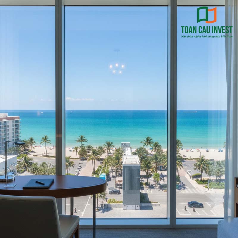 Phòng khách sạn với vách kính chống cháy toàn khối, đảm bảo an toàn, cách âm tốt và cung cấp tầm nhìn tuyệt đẹp ra biển xanh.