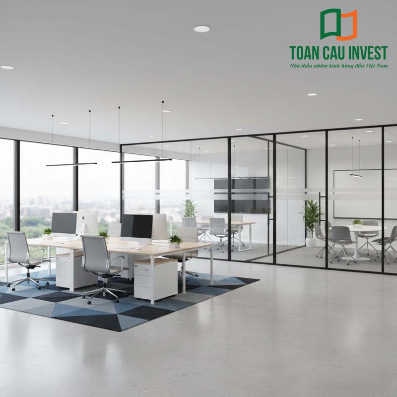 Ứng dụng vách kính chống cháy khung nhôm màu đen trong văn phòng hiện đại. Thiết kế tinh gọn, cách âm tốt, đảm bảo tiêu chuẩn phòng cháy chữa cháy cho doanh nghiệp.