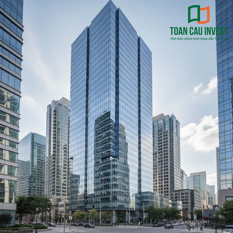 Tòa nhà cao tầng sử dụng vách kính chống cháy đạt chuẩn quốc tế, tăng khả năng an toàn, cách nhiệt và nâng tầm kiến trúc mặt dựng nhôm kính.