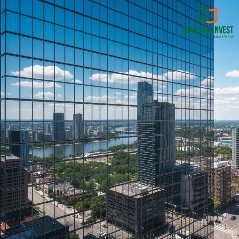 Mặt dựng vách kính chống cháy của tòa nhà cao tầng phản chiếu toàn cảnh thành phố, giúp tăng khả năng chống cháy, cách nhiệt và nâng cao tính hiện đại của công trình.