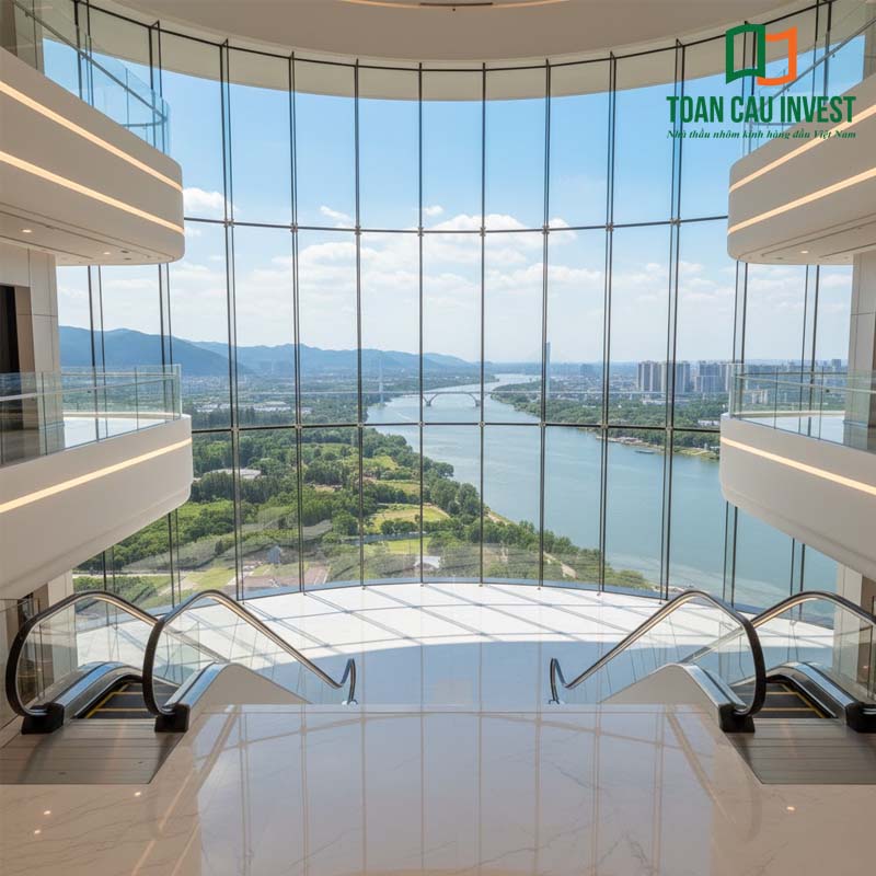 Không gian trung tâm thương mại nổi bật với hệ vách kính chống cháy cao tầng, mang lại tầm nhìn toàn cảnh ra sông và cảnh quan thành phố, đảm bảo an toàn cháy nổ và tính thẩm mỹ vượt trội.