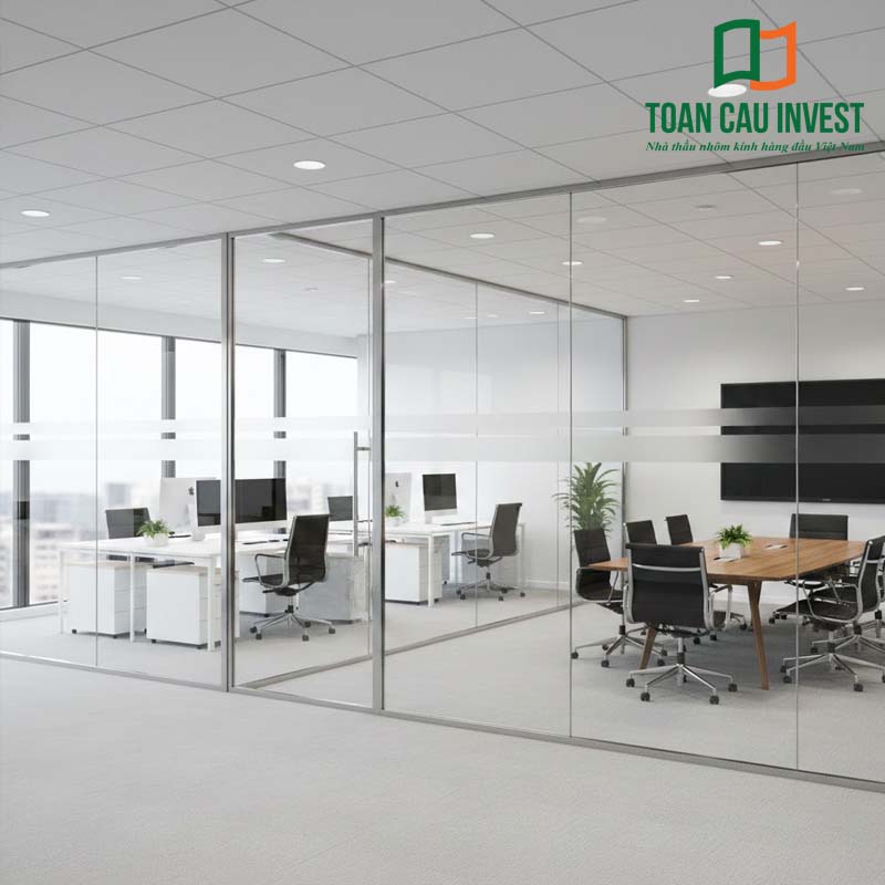 Vách kính chống cháy cho không gian văn phòng giúp chia phòng linh hoạt, đảm bảo an toàn cháy nổ và mang lại sự sang trọng, thoáng sáng cho môi trường làm việc.
