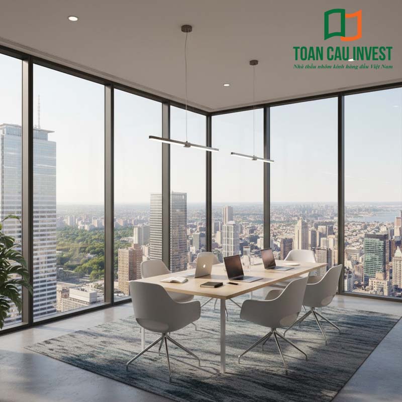 Không gian phòng họp sang trọng ứng dụng vách kính chống cháy toàn cảnh, đảm bảo an toàn cháy nổ đồng thời tạo sự thông thoáng và chuyên nghiệp.