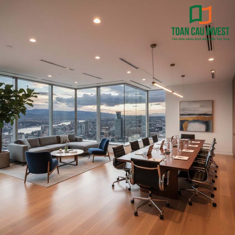 Vách kính chống cháy toàn khối cho phòng họp cao cấp, tăng cường tính an toàn, cách âm và mang đến trải nghiệm không gian mở đầy ấn tượng.