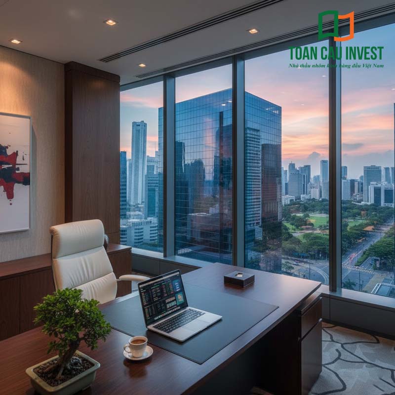 Thiết kế vách kính đố âm mang đến không gian làm việc sang trọng, chuyên nghiệp, tối ưu ánh sáng và tầm nhìn đô thị.