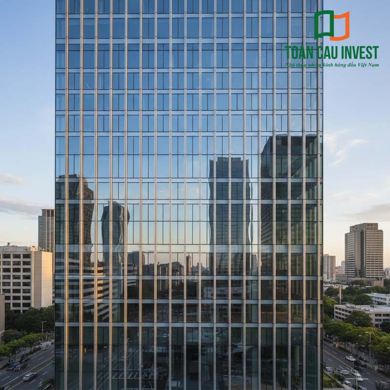 Vách kính đố âm cho tòa nhà văn phòng cao tầng giúp công trình sang trọng, tối ưu ánh sáng và tạo hiệu ứng mặt dựng kính đồng nhất.