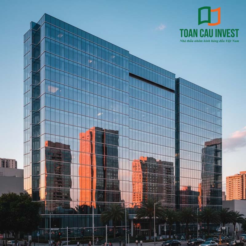 Hệ vách kính đố âm hiện đại mang lại hiệu ứng phản chiếu sang trọng, giúp công trình nổi bật và tối ưu hiệu suất cách nhiệt.