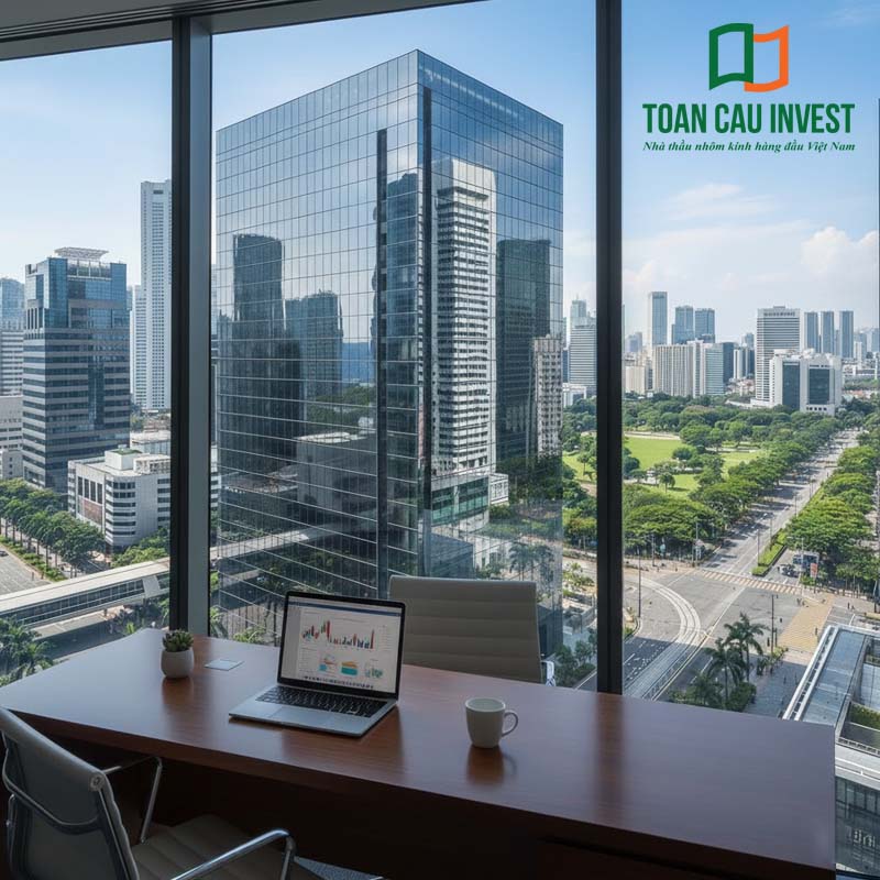 Vách kính đố âm nhìn từ không gian nội thất giúp mở rộng tầm nhìn, tăng ánh sáng tự nhiên và giữ vẻ đẹp hiện đại cho công trình.