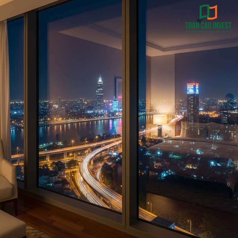 Vách kính khung nhôm hệ 1000 trong không gian căn hộ cao cấp với view nhìn toàn cảnh thành phố về đêm, cho khả năng lấy sáng rộng, cách âm tốt và tầm nhìn panorama.