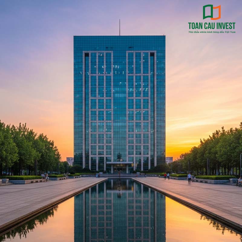 Vách kính khung nhôm hệ 1000 được ứng dụng trên mặt dựng tòa nhà văn phòng hiện đại, với hệ kính phản quang, diện tích lớn, tạo nên kiến trúc sang trọng và bền vững