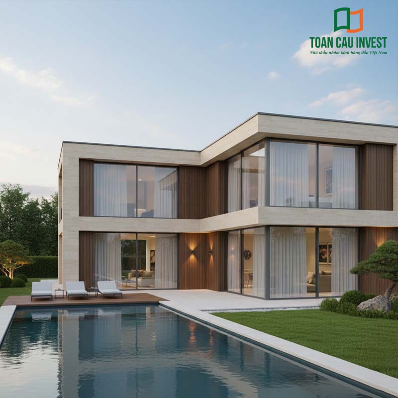 Vách kính khung nhôm hệ 1000 thi công cho biệt thự hai tầng sang trọng, với hệ cửa kính diện tích lớn, đường nét tối giản, tạo không gian mở kết nối cảnh quan.