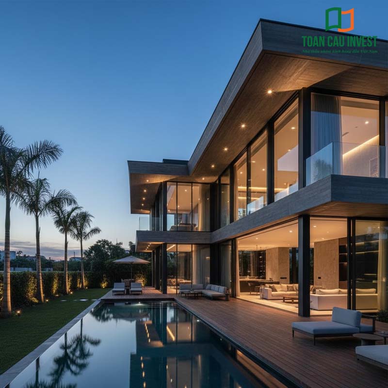 Vách kính khung nhôm hệ 1000 sử dụng trong kiến trúc biệt thự cao cấp, hệ cửa kính full-height đồng bộ, kết hợp mặt dựng kính tinh tế, tối ưu ánh sáng và thẩm mỹ.