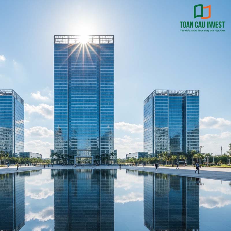 Vách kính khung nhôm hệ 1000 lắp đặt cho công trình cao tầng kiến trúc độc đáo, sử dụng mặt dựng kính full-view, đạt hiệu ứng phản chiếu cao và tiêu chuẩn thi công chất lượng.