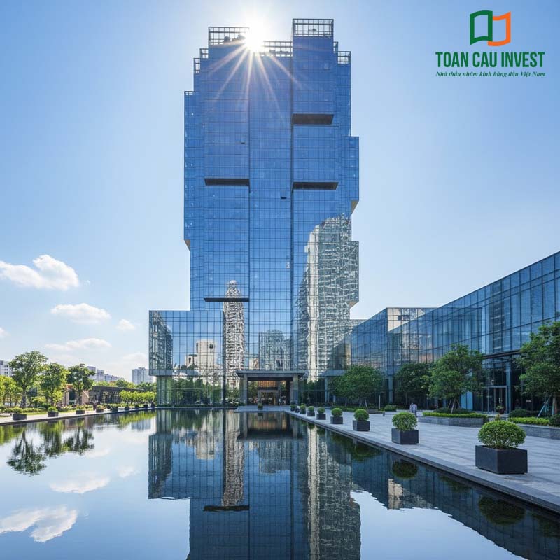 Vách kính khung nhôm hệ 1000 cho tòa nhà văn phòng đối xứng với hồ nước cảnh quan, mặt dựng kính phản xạ ánh sáng, thể hiện quy mô – hiện đại – đẳng cấp.