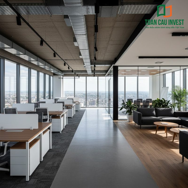 Vách kính văn phòng giúp phân chia khu làm việc và khu tiếp khách tinh tế, đảm bảo riêng tư mà vẫn giữ không gian mở và sang trọng.