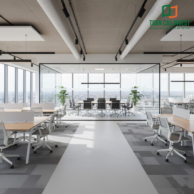 Vách kính văn phòng trong suốt cho phòng họp cao cấp, mở rộng tầm nhìn, tối ưu ánh sáng tự nhiên và nâng tầm không gian làm việc chuyên nghiệp.