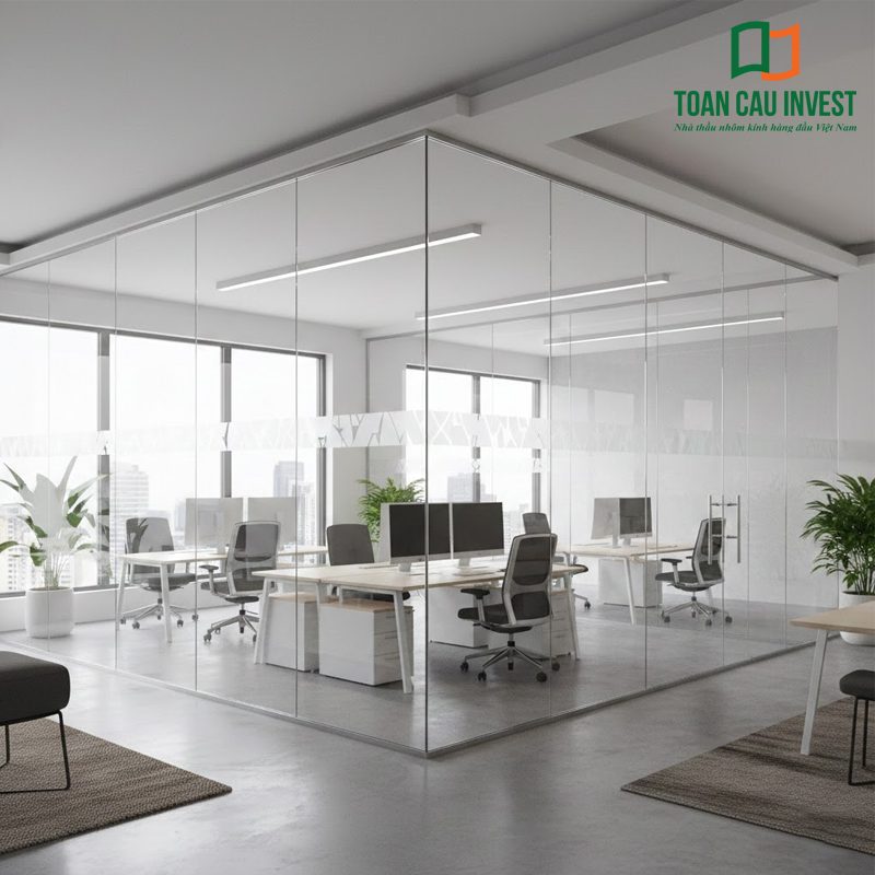 Vách kính văn phòng trong suốt cho khu làm việc riêng, tối ưu ánh sáng, cách âm tốt, tạo môi trường chuyên nghiệp và hiện đại.