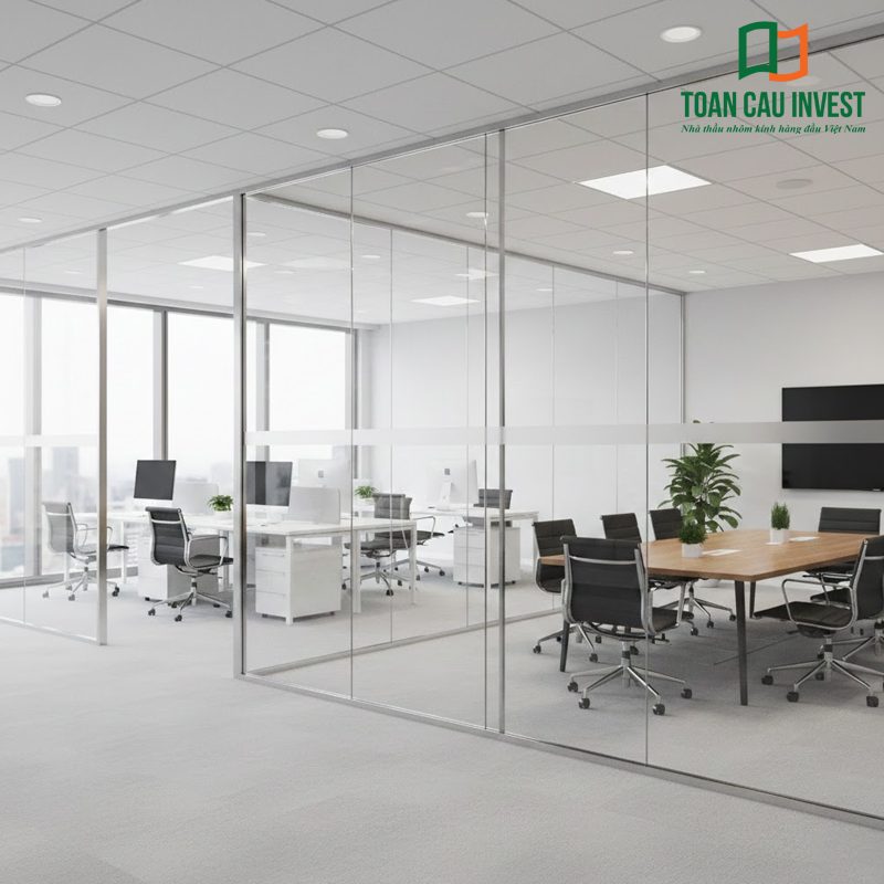 Vách kính văn phòng khung nhôm cao cấp cho phòng họp giúp cách âm hiệu quả, tăng sự riêng tư mà vẫn giữ nét sang trọng, tinh tế.