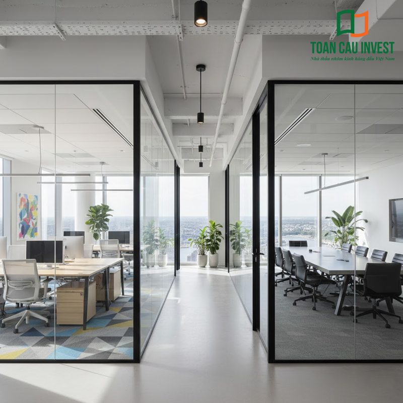 Vách kính văn phòng khung nhôm đen tạo lối đi trung tâm thông thoáng, giúp phân chia phòng họp và không gian làm việc hiện đại, sang trọng, chuyên nghiệp.