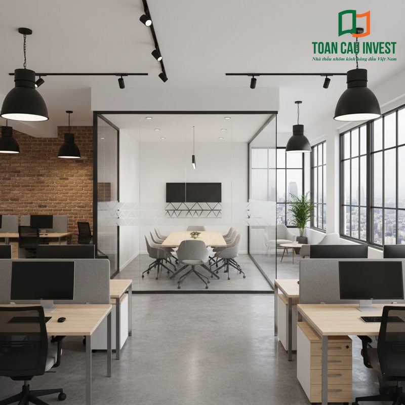 Vách kính văn phòng kết hợp tường gạch và nội thất gỗ tạo nên phòng họp hiện đại, cách âm tốt, giữ trọn ánh sáng và tăng tính thẩm mỹ không gian.