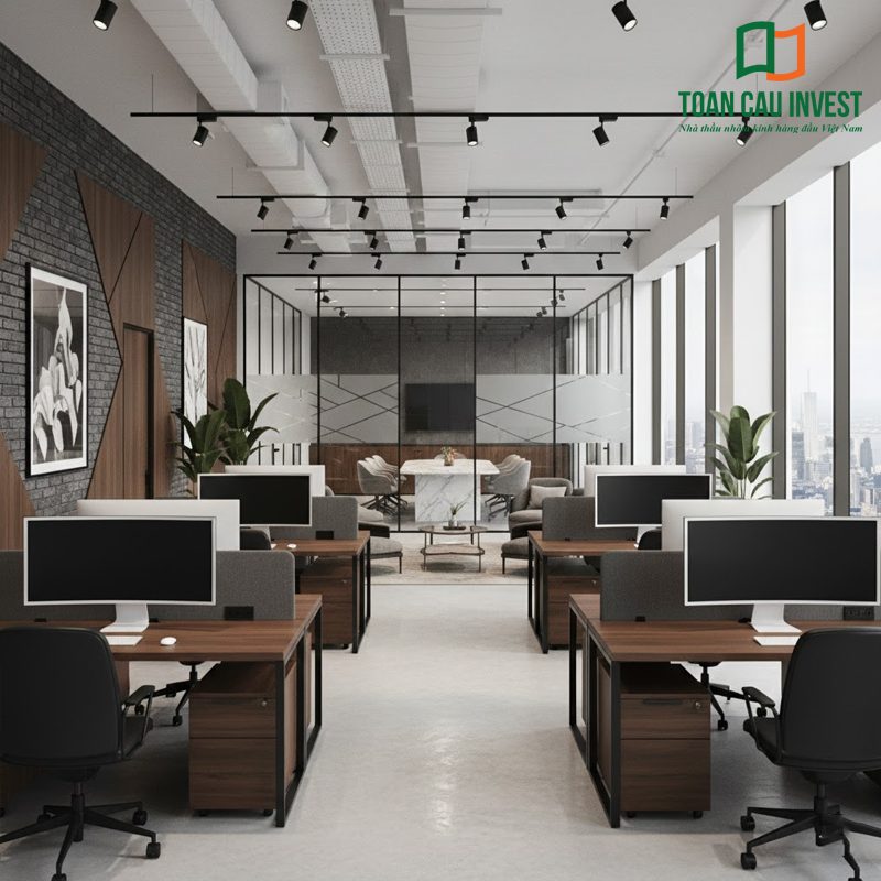 Vách kính văn phòng khung nhôm đen giúp phân chia khu làm việc khoa học, tối ưu ánh sáng tự nhiên, mang lại không gian làm việc chuyên nghiệp, cao cấp.