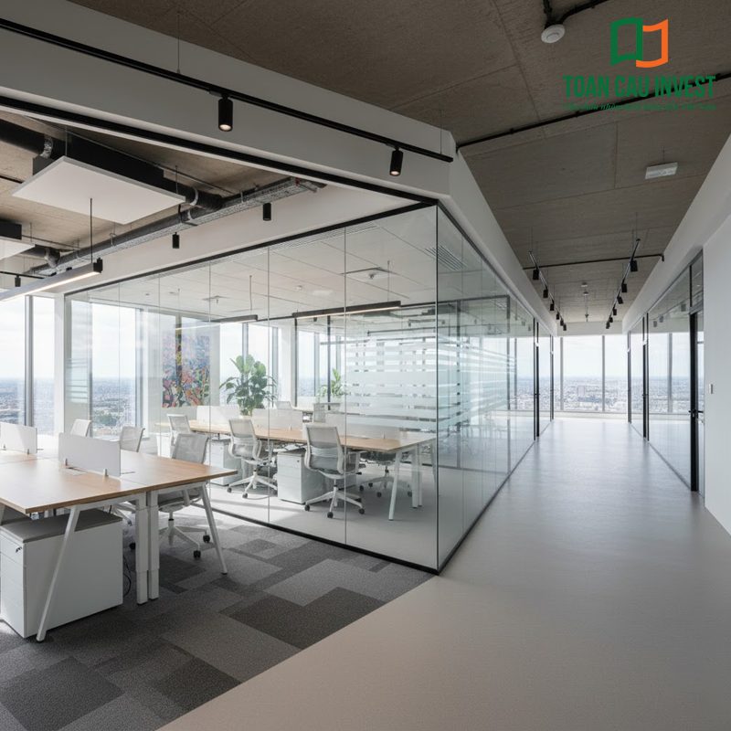 Vách kính văn phòng trong suốt giúp mở rộng tầm nhìn toàn cảnh, tạo không gian làm việc cao cấp, thông thoáng và tối ưu hiệu suất sử dụng ánh sáng.