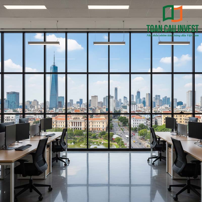 Chọn hệ mặt dựng cho tòa nhà cao tầng với hệ cửa kính panorama nội thất văn phòng.