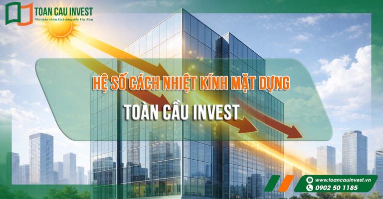 Minh họa trực quan hệ số cách nhiệt kính mặt dựng cho thấy khả năng cản nhiệt, giảm truyền nhiệt mặt trời và tối ưu hiệu suất năng lượng cho công trình nhôm kính cao tầng.