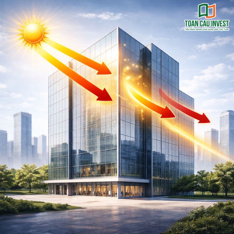 Hệ số cách nhiệt kính mặt dựng giúp giảm bức xạ nhiệt mặt trời, tối ưu hiệu quả cách nhiệt và tiết kiệm năng lượng cho các tòa nhà văn phòng hiện đại sử dụng hệ façade kính.