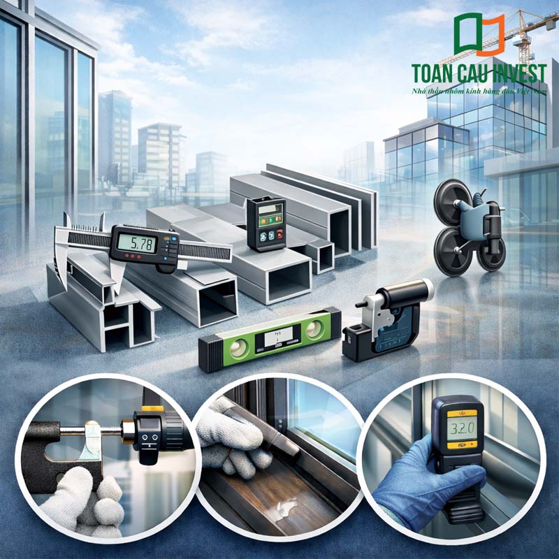 Kiểm soát chất lượng nhôm kính mặt dựng tòa nhà cao tầng – kiểm tra độ phẳng bề mặt kính, khe ghép hệ mặt dựng và khả năng phản xạ ánh sáng trong quá trình nghiệm thu công trình.