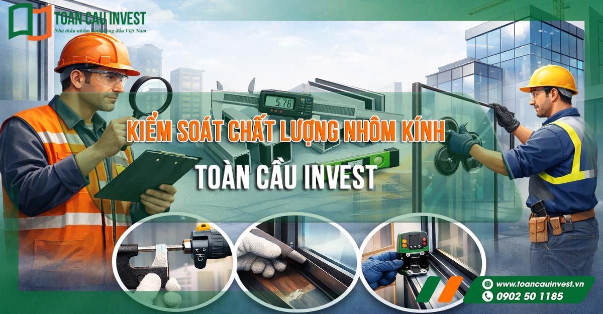 Kiểm soát chất lượng nhôm kính tại công trình với đội ngũ kỹ sư Toàn Cầu Invest – thực hiện kiểm tra kích thước, độ kín khít, độ an toàn kính và nghiệm thu hệ cửa nhôm kính theo quy trình tiêu chuẩn.