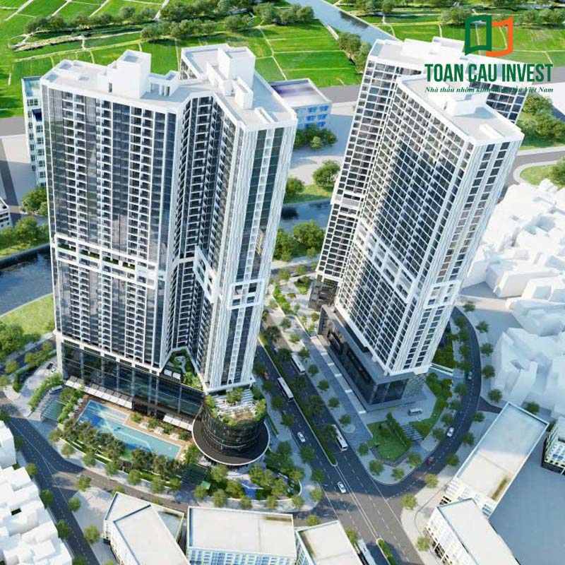 Nhà thầu nhôm kính cao tầng Toàn Cầu Invest triển khai hệ façade kính cho tổ hợp tháp đôi, tối ưu tầm nhìn panorama, nâng tầm giá trị bất động sản cao tầng.