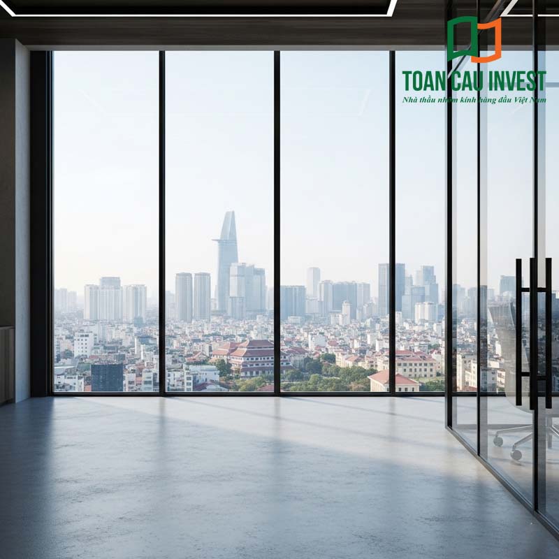 Giải pháp nhôm kính cho tòa nhà văn phòng với hệ façade kính toàn phần, khung nhôm tinh tế, giúp công trình đạt chuẩn thẩm mỹ quốc tế, tối ưu ánh sáng và nâng cao giá trị thương mại cho dự án.
