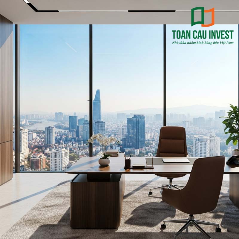 Giải pháp nhôm kính cho tòa nhà văn phòng cao cấp với hệ vách kính panorama khổ lớn, mở rộng tầm nhìn toàn cảnh đô thị, tối ưu ánh sáng tự nhiên và nâng tầm không gian làm việc lãnh đạo