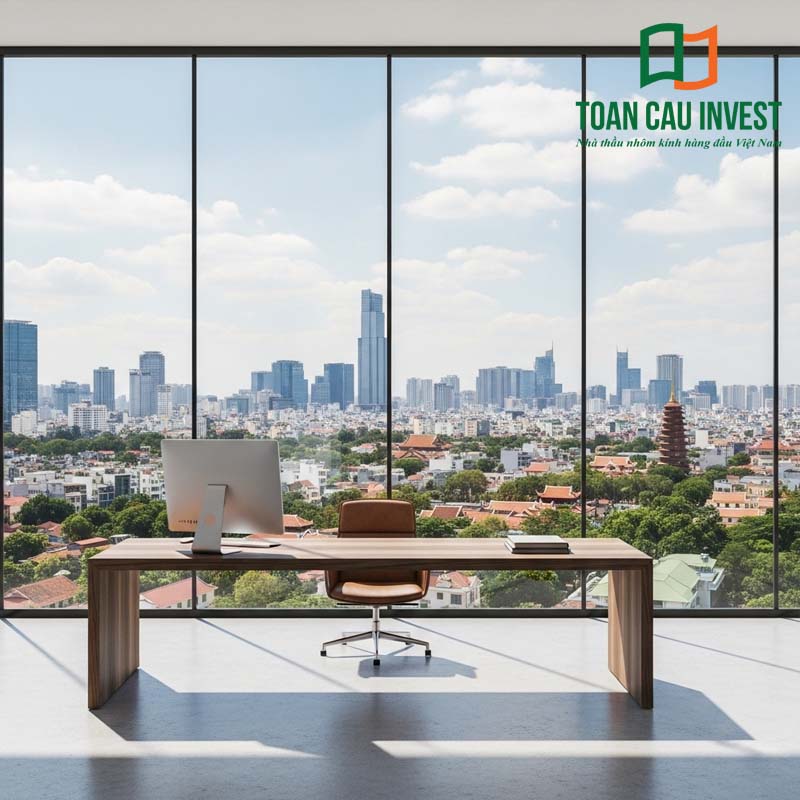 Giải pháp nhôm kính cho tòa nhà văn phòng cao cấp, sử dụng hệ vách kính panorama khổ lớn, tạo không gian làm việc sang trọng, chuyên nghiệp và chuẩn xu hướng thiết kế văn phòng hiện đại.