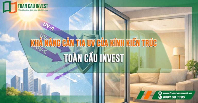 Khả năng cản tia UV của kính kiến trúc được minh họa trực quan qua mô phỏng tia UV bị phản xạ và hấp thụ, giúp bảo vệ không gian sống và làm việc khỏi tác hại của tia cực tím.