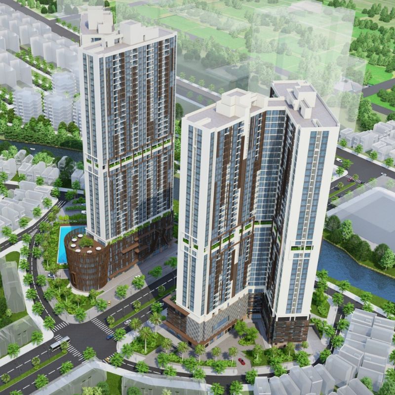 Phối cảnh 3D tòa nhà cao tầng với mặt dựng kính hiện đại, thể hiện kinh nghiệm chọn nhà thầu nhôm kính có khả năng triển khai hệ facade đồng bộ và đảm bảo tính thẩm mỹ.