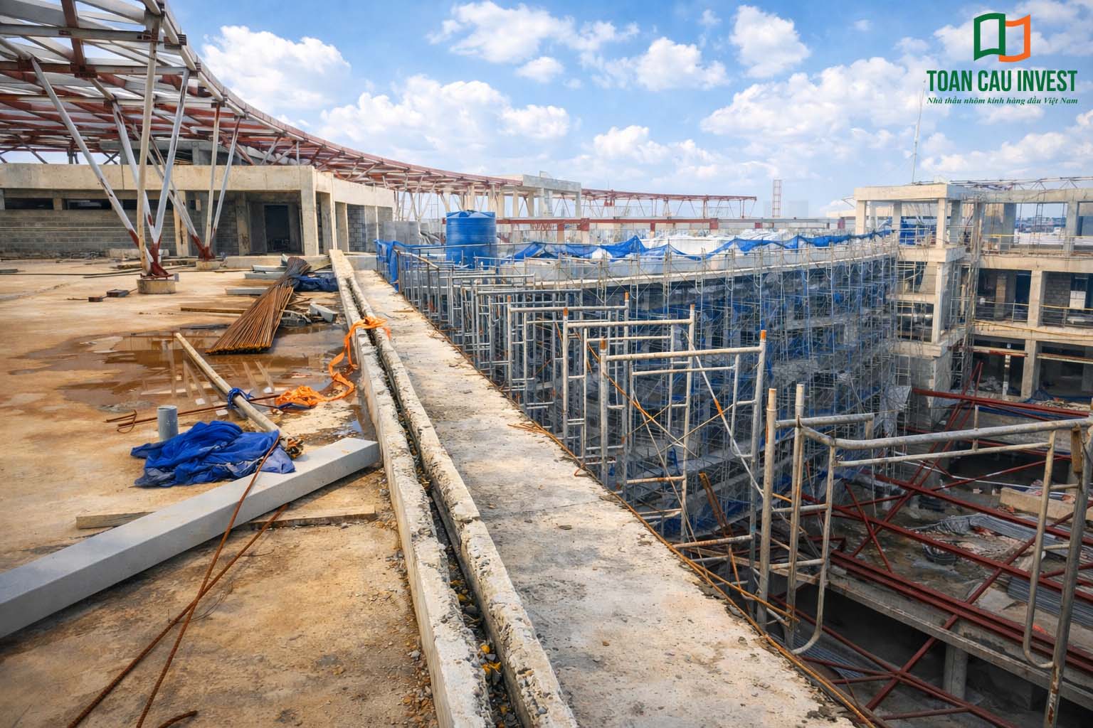 Hình ảnh nhôm kính thi công tại trung tâm đổi mới sáng tạo - đại học quốc gia Tp.HCM, khu vực mái công trình với hệ giàn giáo và kết cấu thép chuẩn bị cho hạng mục mái kính kiến trúc.