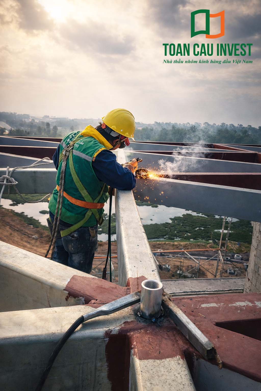 Hình ảnh nhôm kính thi công tại trung tâm đổi mới sáng tạo - đại học quốc gia Tp.HCM, công nhân đang gia công và hàn kết cấu thép cho hệ mái trước khi lắp đặt hệ nhôm kính.