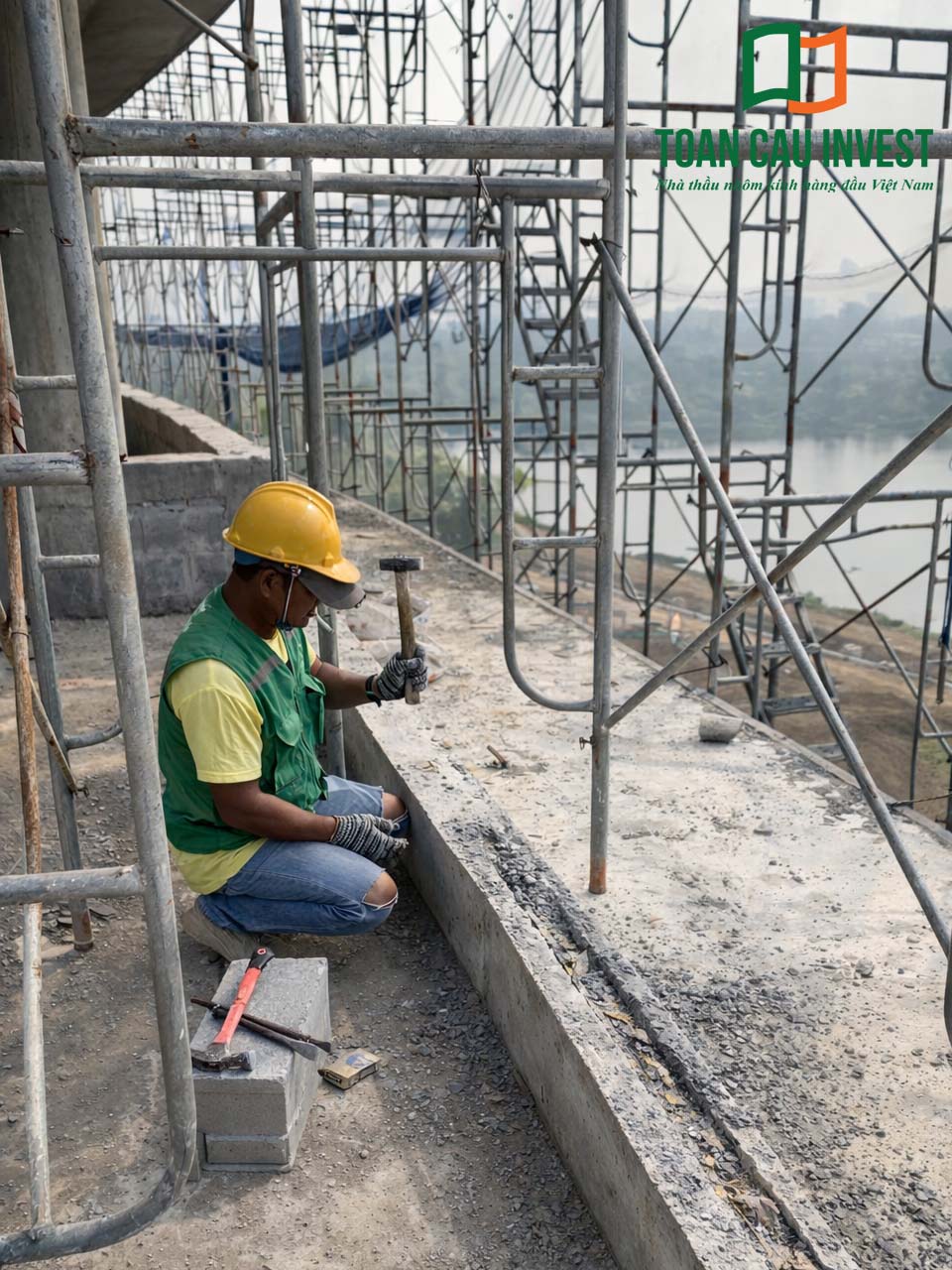 Hình ảnh nhôm kính thi công tại trung tâm đổi mới sáng tạo - đại học quốc gia Tp.HCM, công nhân thực hiện gia công chi tiết khung nhôm để chuẩn bị lắp đặt hệ cửa và vách kính.