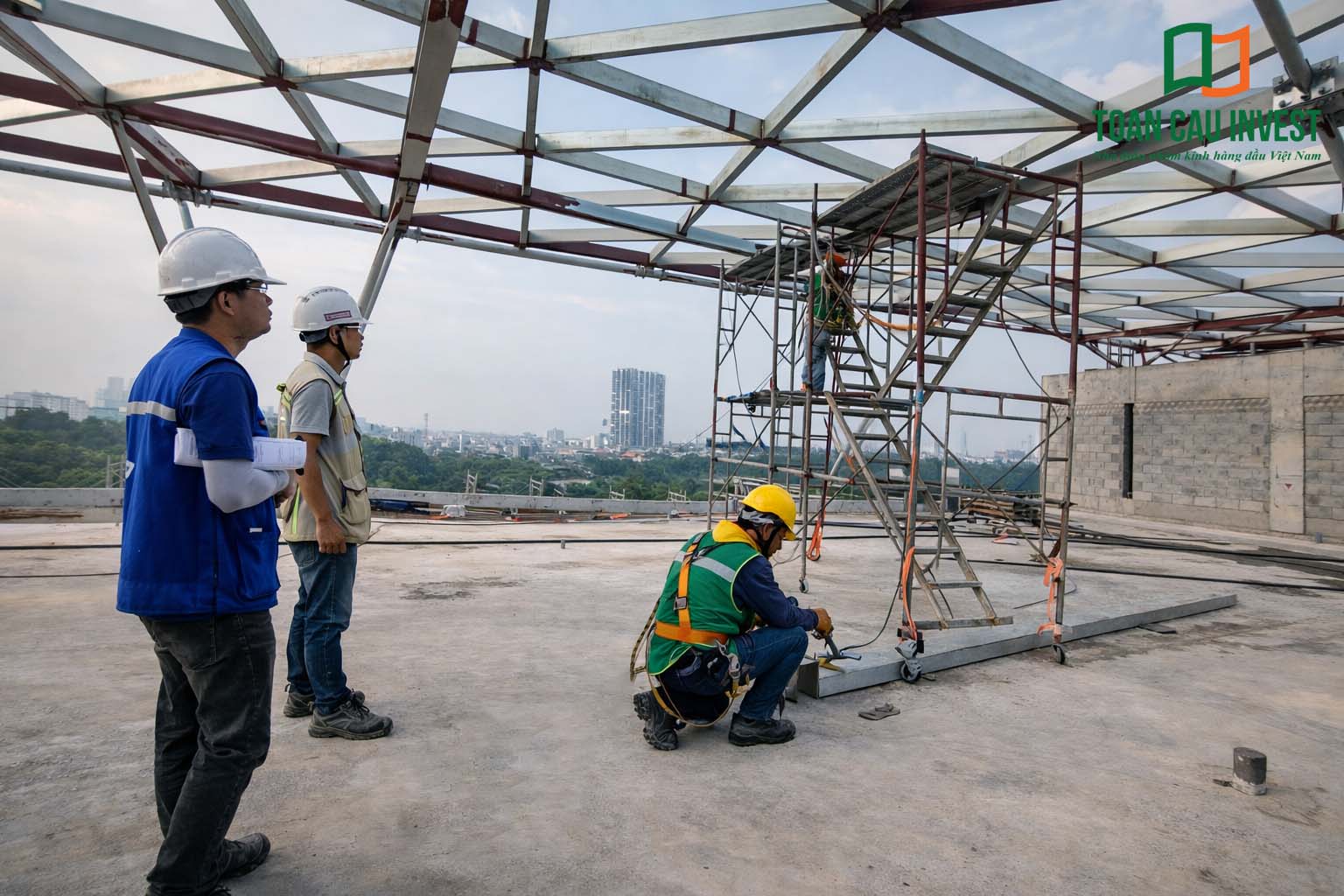 Hình ảnh nhôm kính thi công tại trung tâm đổi mới sáng tạo - đại học quốc gia Tp.HCM, đội ngũ kỹ sư và công nhân kiểm tra kết cấu mái và giàn giáo trước khi lắp đặt hệ nhôm kính.