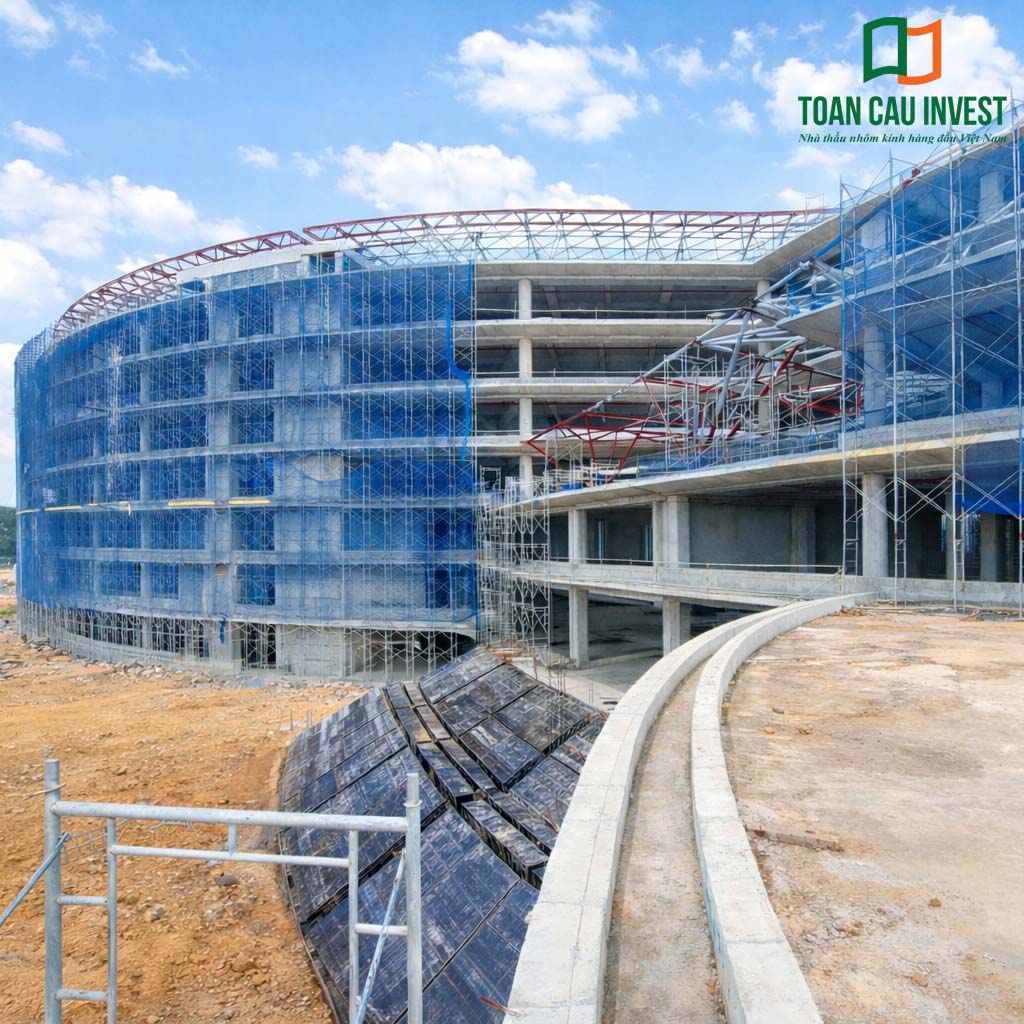 Hình ảnh nhôm kính thi công tại trung tâm đổi mới sáng tạo - đại học quốc gia Tp.HCM, toàn cảnh công trình với hệ giàn giáo và kết cấu chuẩn bị cho hạng mục nhôm kính mặt dựng.