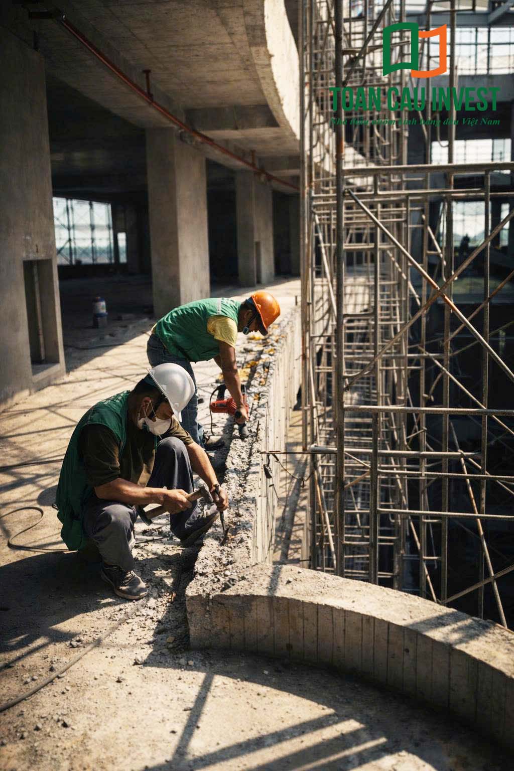 Hình ảnh nhôm kính thi công tại trung tâm đổi mới sáng tạo - đại học quốc gia Tp.HCM, công nhân thi công khoan và xử lý liên kết kết cấu tại khu vực mặt dựng công trình.
