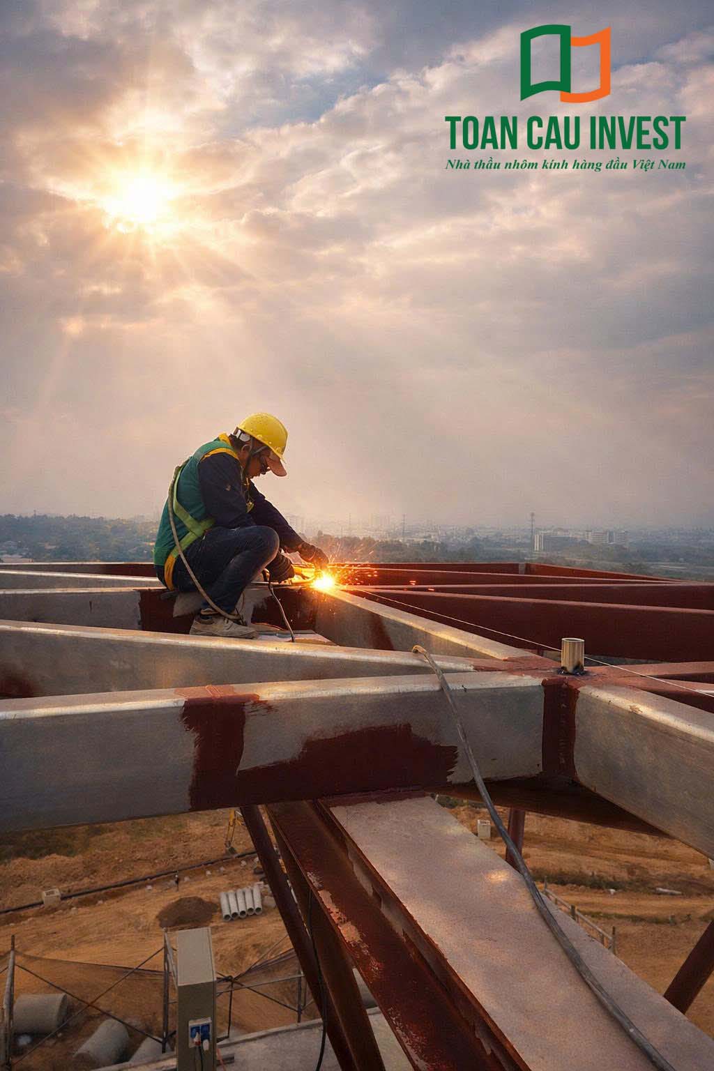 Hình ảnh nhôm kính thi công tại trung tâm đổi mới sáng tạo - đại học quốc gia Tp.HCM, công nhân thực hiện hàn kết cấu thép cho hệ mái trước khi lắp đặt kính.